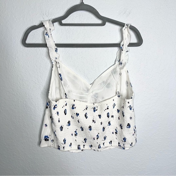 Abercrombie & Fitch Top Women XL Tank Crop Ruffled Floral White Blue  B9 - Picture 2 of 6